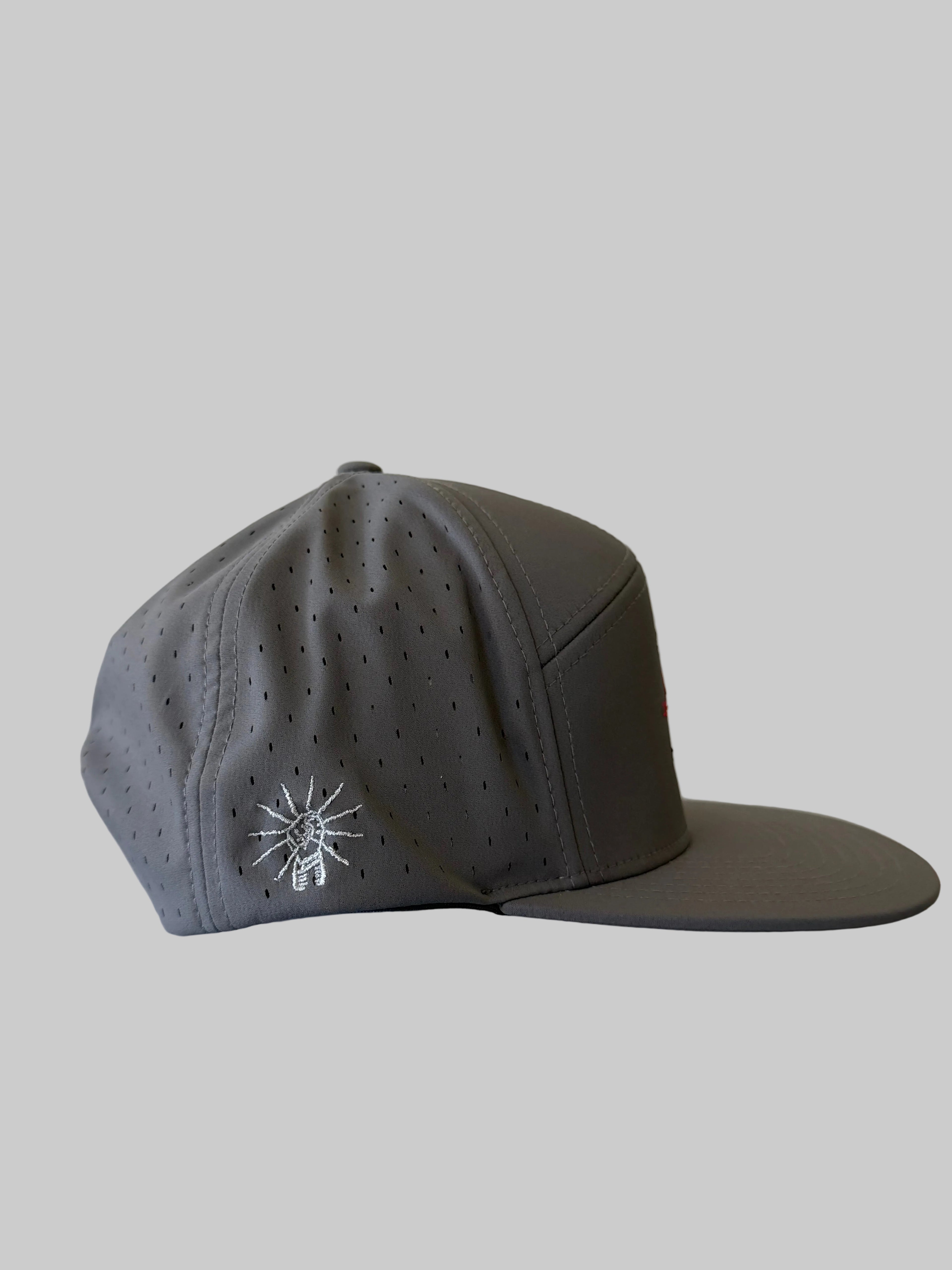 Charcoal cap with a white logo on a light background